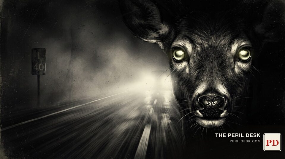 A deer's eyes catching headlights on a dark rural road. Original art for The Peril Desk.