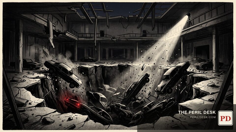 A museum showroom floor collapsed into darkness below. Original art for The Peril Desk.