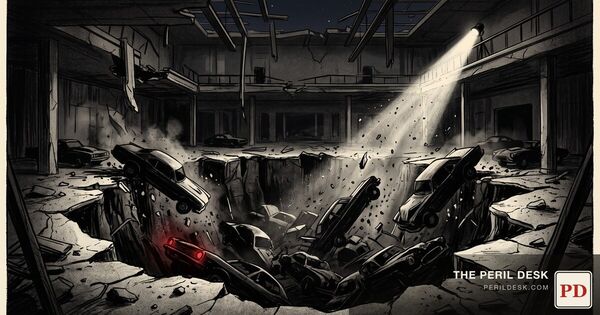 A museum floor collapsed into darkness below.