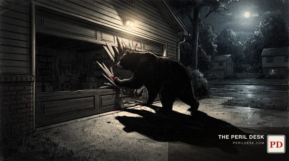 A bear breaking through a garage door at night. Original art for The Peril Desk.