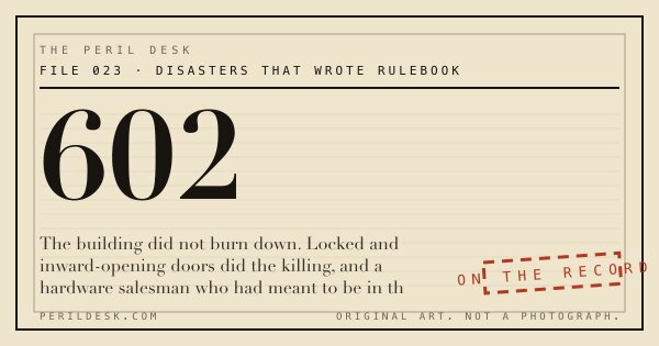 Typographic case-file cover: FILE 023, Disasters That Wrote Rulebook, the figure 602.