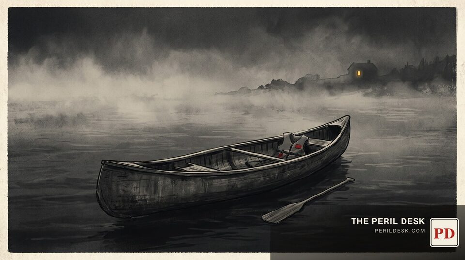 An empty canoe adrift on open water at dusk. Original art for The Peril Desk.