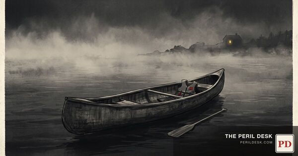 An empty canoe adrift on open water at dusk.