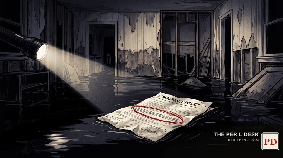 A flooded, gutted room, the water line stained high on the wall. Original art for The Peril Desk.
