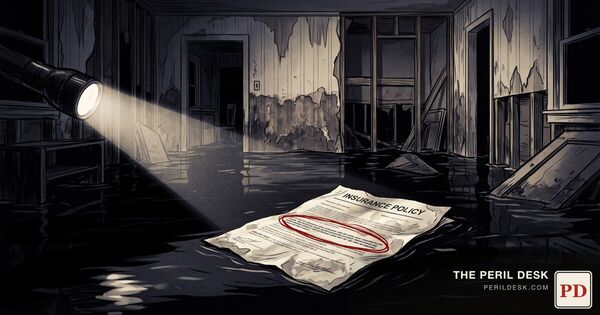 A flooded room, water line stained high on the wall.